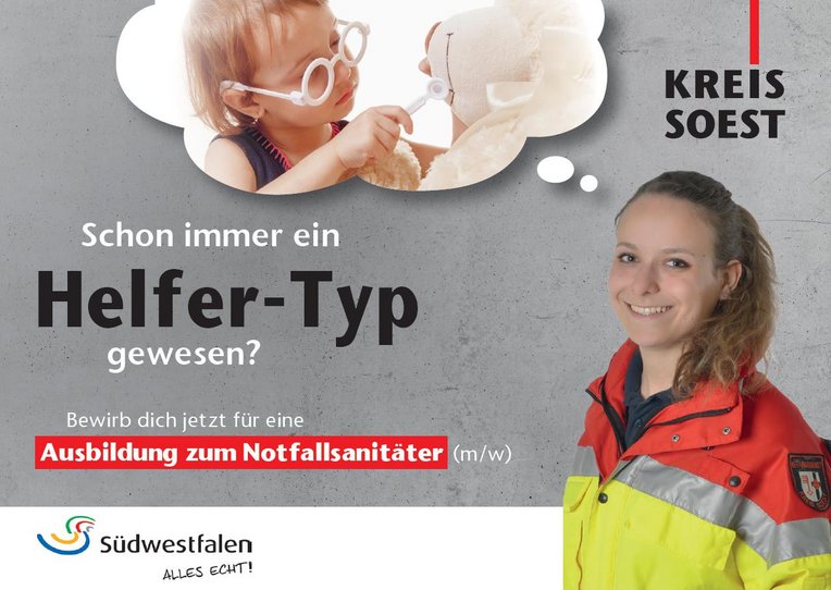 Flyer Ausbildung Notfallsanitäter*in. Foto: Kreis Soest Flyer Ausbildung Notfallsanitäter*in. Foto: Kreis Soest