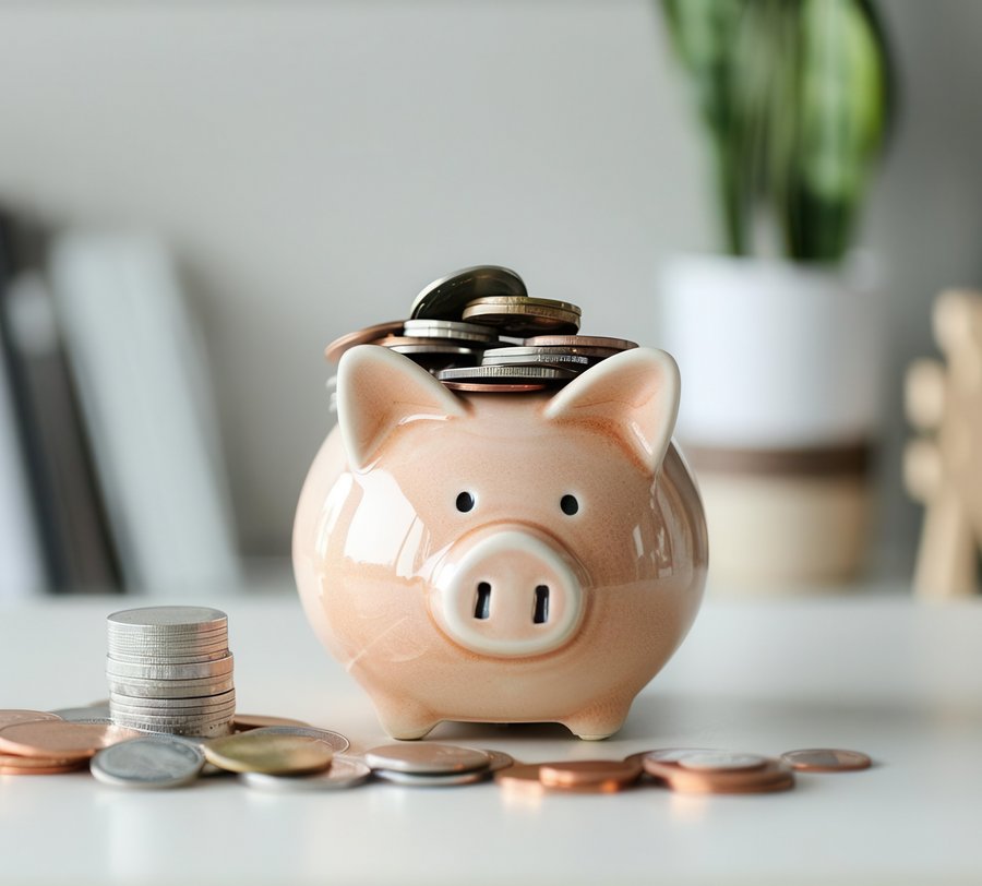 Sparschwein mit Geld davor und Büchern im Hintergrund. Foto: Samon/stock.adobe.com