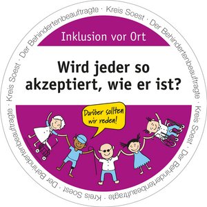 Bierdeckel mit der Aufschrift: Wird jeder so akzeptiert, wie er ist? Bierdeckel-Aktion "Inklusion vor Ort" - Der Behindertenbeauftragte Kreis Soest. Grafik: Kreis Soest