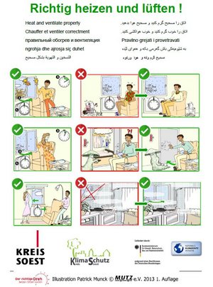 Mehrsprachiges Plakat "Richtig heizen und lüften"