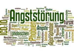 Textcollage mit vielen Begriffen, wie zum Beispiel Angststörung, Furcht und Panik. Foto: fotodo - Fotolia