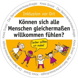 Bierdeckel mit der Aufschrift: Können sich alle Menschen gleichermaßen willkommen fühlen? Bierdeckel-Aktion "Inklusion vor Ort" - Der Behindertenbeauftragte Kreis Soest. Grafik: Kreis Soest