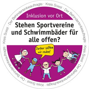 Bierdeckel mit der Aufschrift:  Stehen Sportvereine und Schwimmbäder für alle offen? Bierdeckel-Aktion "Inklusion vor Ort" - Der Behindertenbeauftragte Kreis Soest. Grafik: Kreis Soest