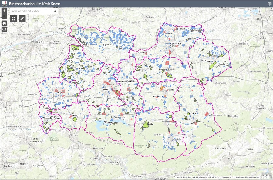 Kartendienst Breitbandausbau im Kreis Soest. Screenshot: Christoph Hellmann/Kreis Soest