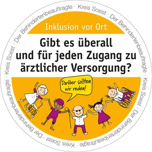 Bierdeckel mit der Aufschrift: Gibt es überall und für jeden Zugang zu ärztlicher Versorgung? Bierdeckel-Aktion "Inklusion vor Ort" - Der Behindertenbeauftragte Kreis Soest. Grafik: Kreis Soest