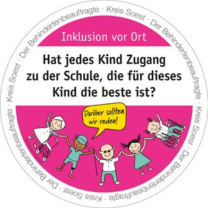Bierdeckel mit der Aufschrift: Hat jedes Kind Zugang zu der Schule, die für dieses Kind die beste ist? Bierdeckel-Aktion "Inklusion vor Ort" - Der Behindertenbeauftragte Kreis Soest. Grafik: Kreis Soest