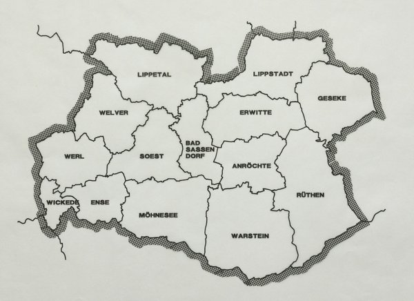Karte "Der neue Kreis Soest" nach der kommunalen Neugliederung zum 01. Januar 1975. Foto: Kreisarchiv Soest, K 01 Nr. 3132.