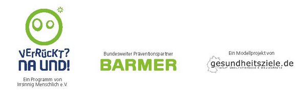 Mehrere Logos (v. l.): Logo Verrückt? Na und!, Logo Barmer, Logo Gesundheitsziele.de