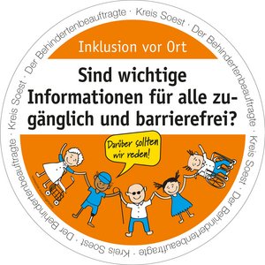 Bierdeckel mit der Aufschrift: Sind wichtige Informationen für alle zugänglich und barrierefrei? Bierdeckel-Aktion "Inklusion vor Ort" - Der Behindertenbeauftragte Kreis Soest. Grafik: Kreis Soest