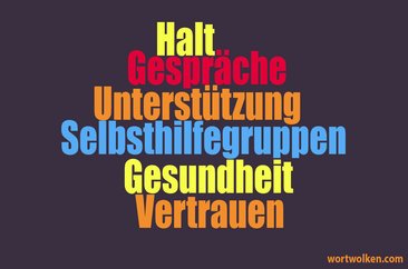Wortwolke zum Thema Selbsthilfe mit den Begriffen Halt, Gespräche, Selbsthilfegruppen, Gesundheit, Vertrauen. Grafik: wortwolken.com