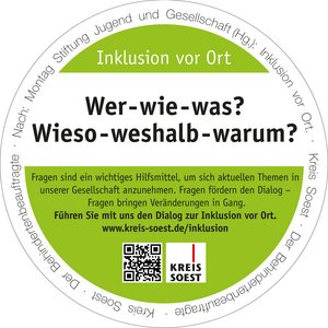Rückseite eines der Bierdeckels mit Text. Bierdeckel "Inklusion vor Ort" - Der Behindertenbeauftragte Kreis Soest. Grafik: Kreis Soest